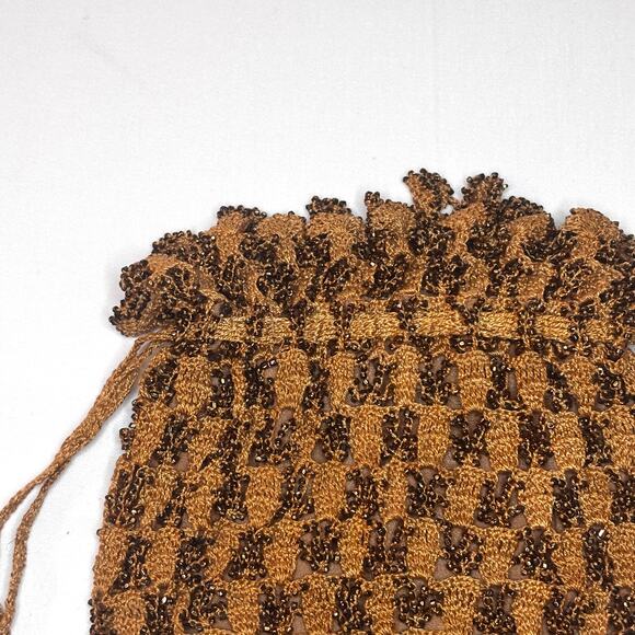 Antique 1920s Crochet Drawstring Purse Metal Seed Beads Copper Brown Silk AS IS - Picture 13 of 13